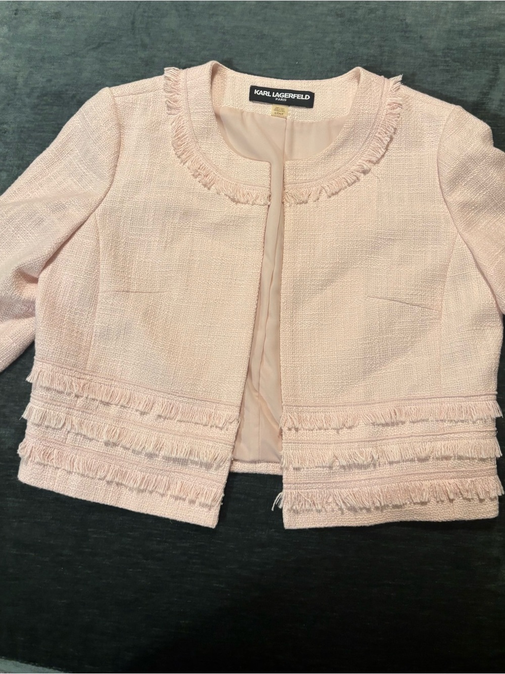 Karl Lagerfeld Pale Pink Tweed Fringe Cropped Jacket